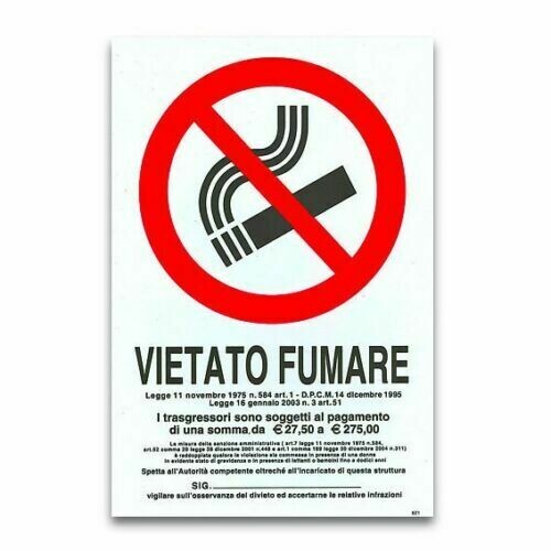 Cartello Targa Plastica Vietato Fumare Norma Legge Multa Misura 20x30 Cm Pezzi 5