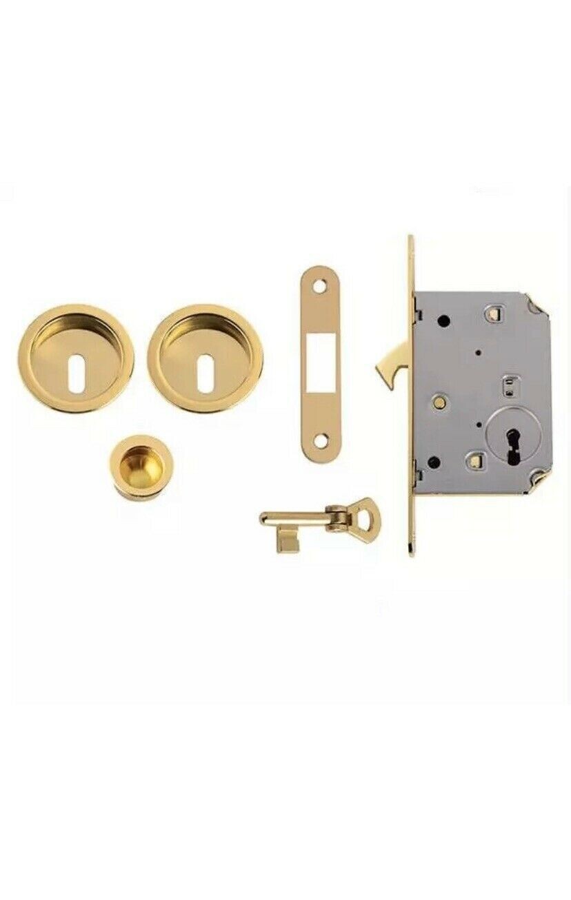 Kit per Porte Scorrevoli Tondo Oro con Serratura con Foro Chiave