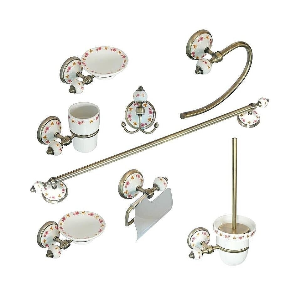 Set accessori bagno stile classico 8 pezzi in ottone bronzato ceramica  fiocco