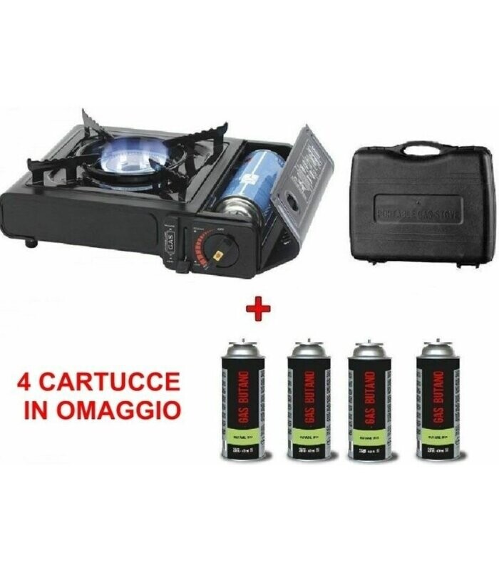 Fornello Gas Campeggio Con Valigia Portatile Fornello Piezo 1 Fuoco + 4 Cartucce