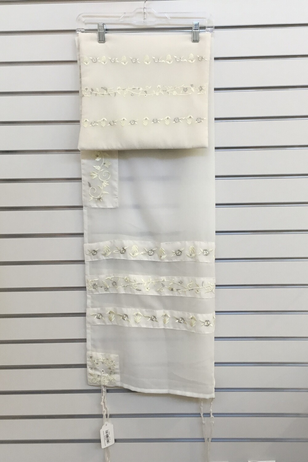 Organza Embroidered Tallit &amp; Bag, Cream Stripes &amp; Silver Flowers 