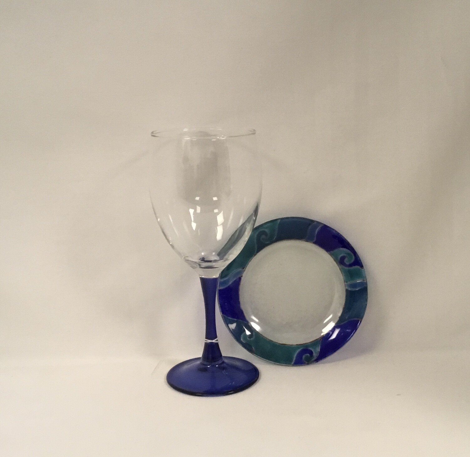 Glass Kiddush Cup; Blue Stem on Blue Colored Tray