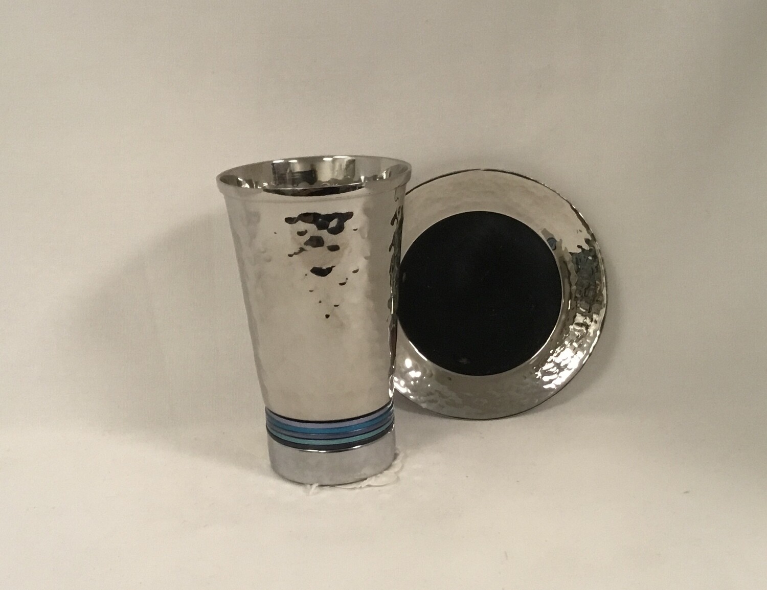 Ringed Bottom Blue Striped  Hammered Kiddush Cup with Tray  