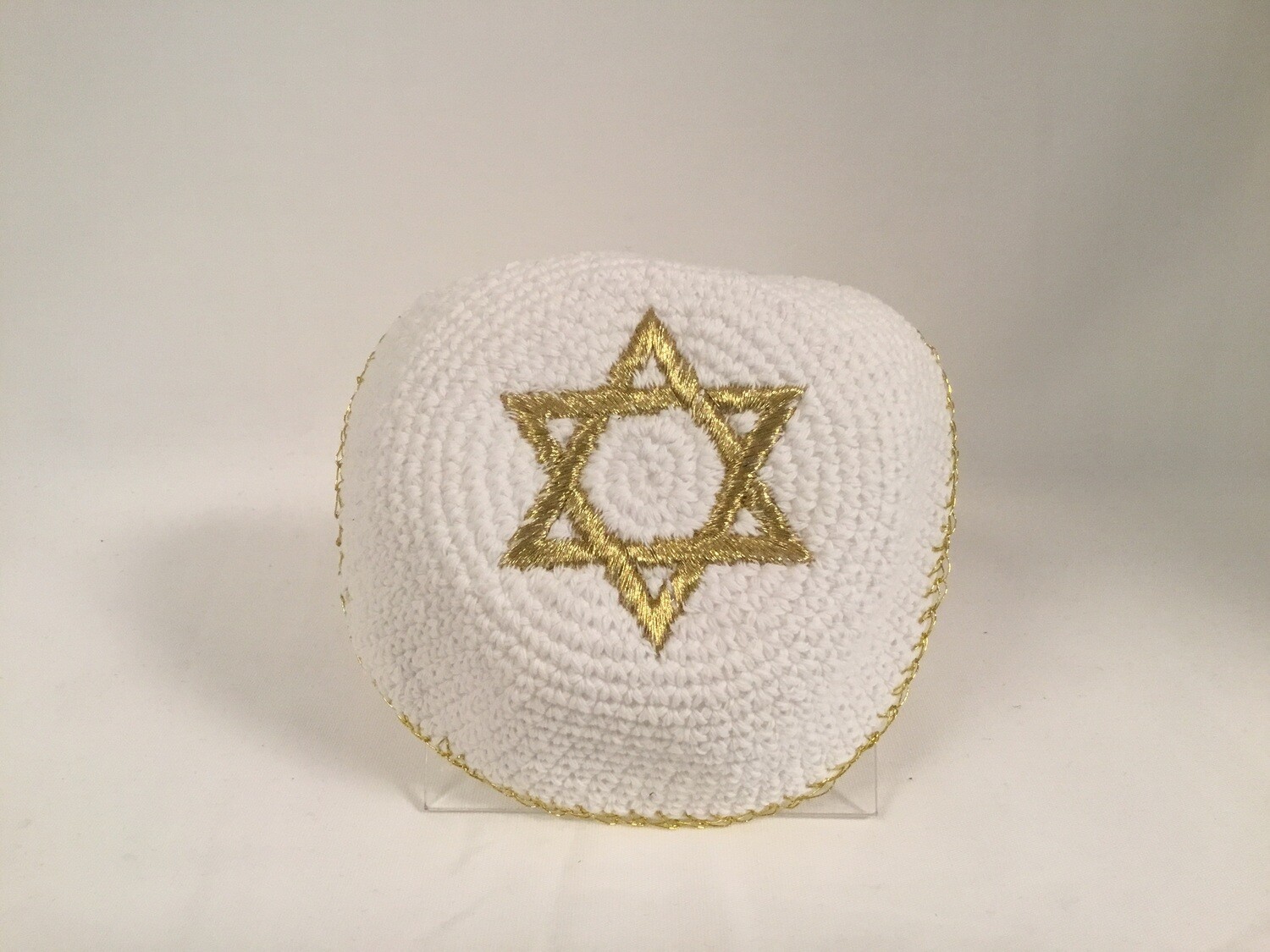 White Knit Kippah - Gold Star