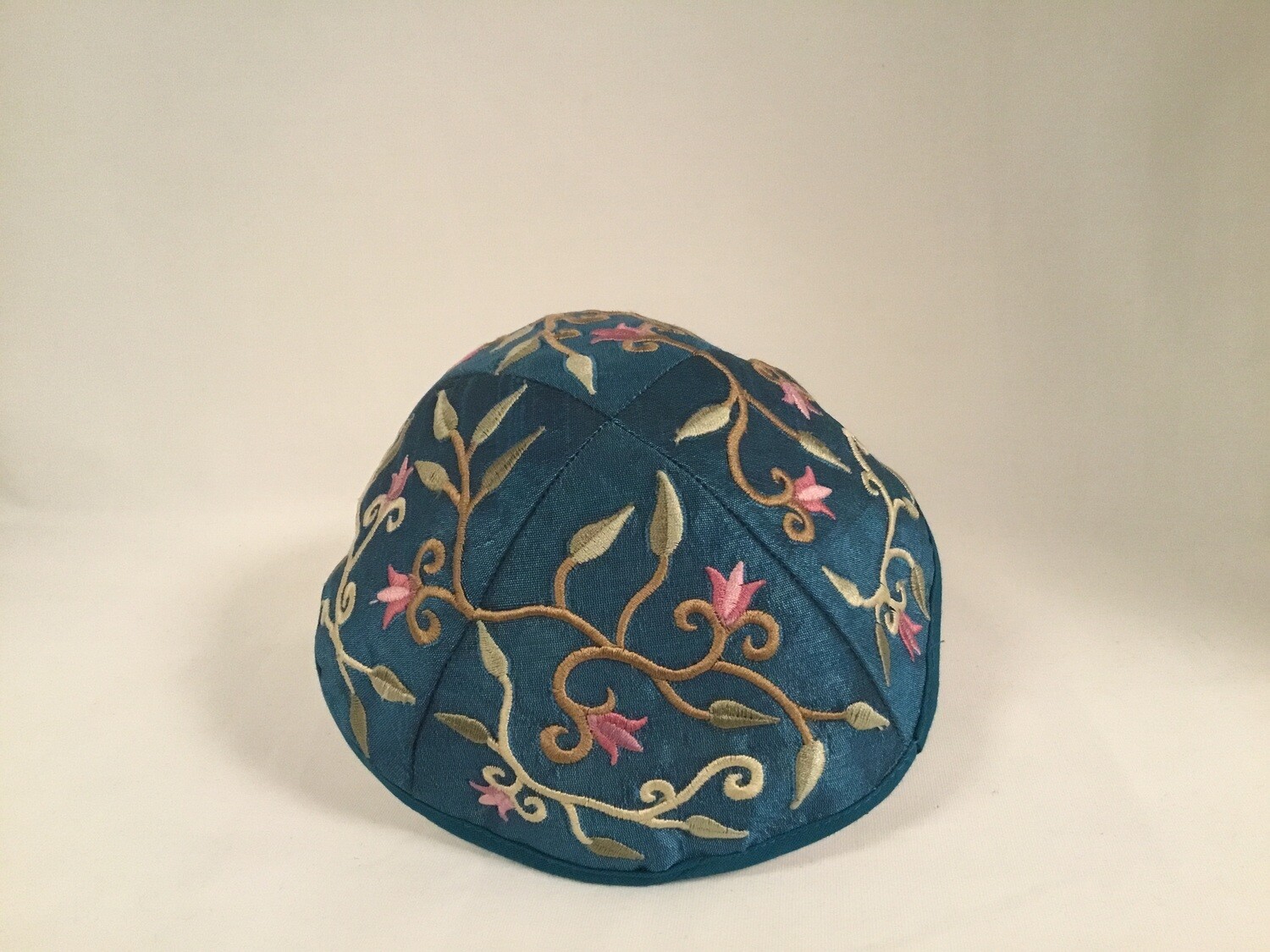 Embroidered Kippah - Floral on Blue