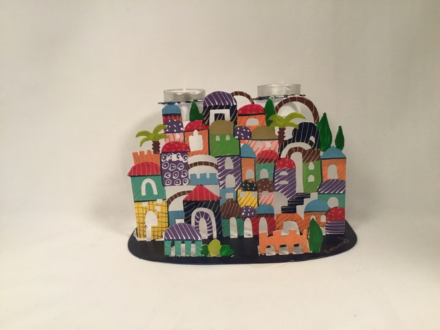 Laser Cut  Shabbat Candle Holder; Handpainted.  Jerusalem Scene