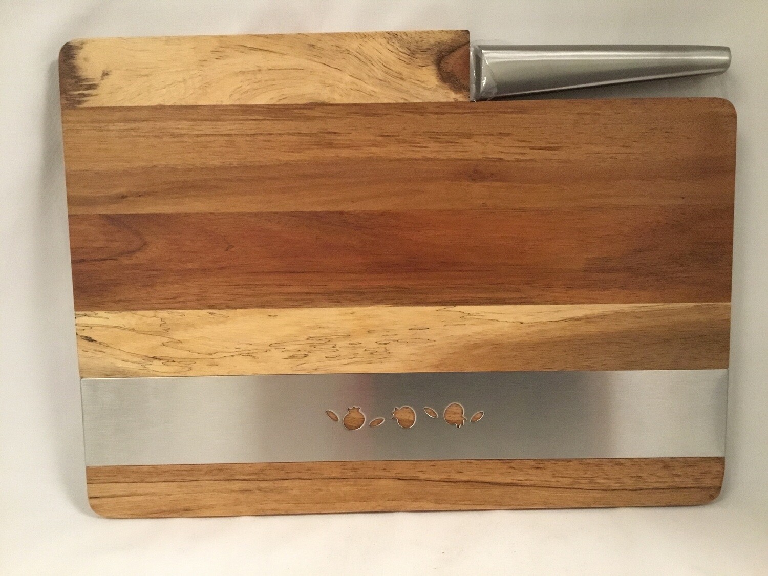 Karshi Acacia Wood &amp; Stainless Steel Challah Board - Pomegranates 