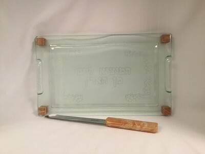 Glass Tray with Hebrew Overlay on Pegs with Marbled Handle Knife
