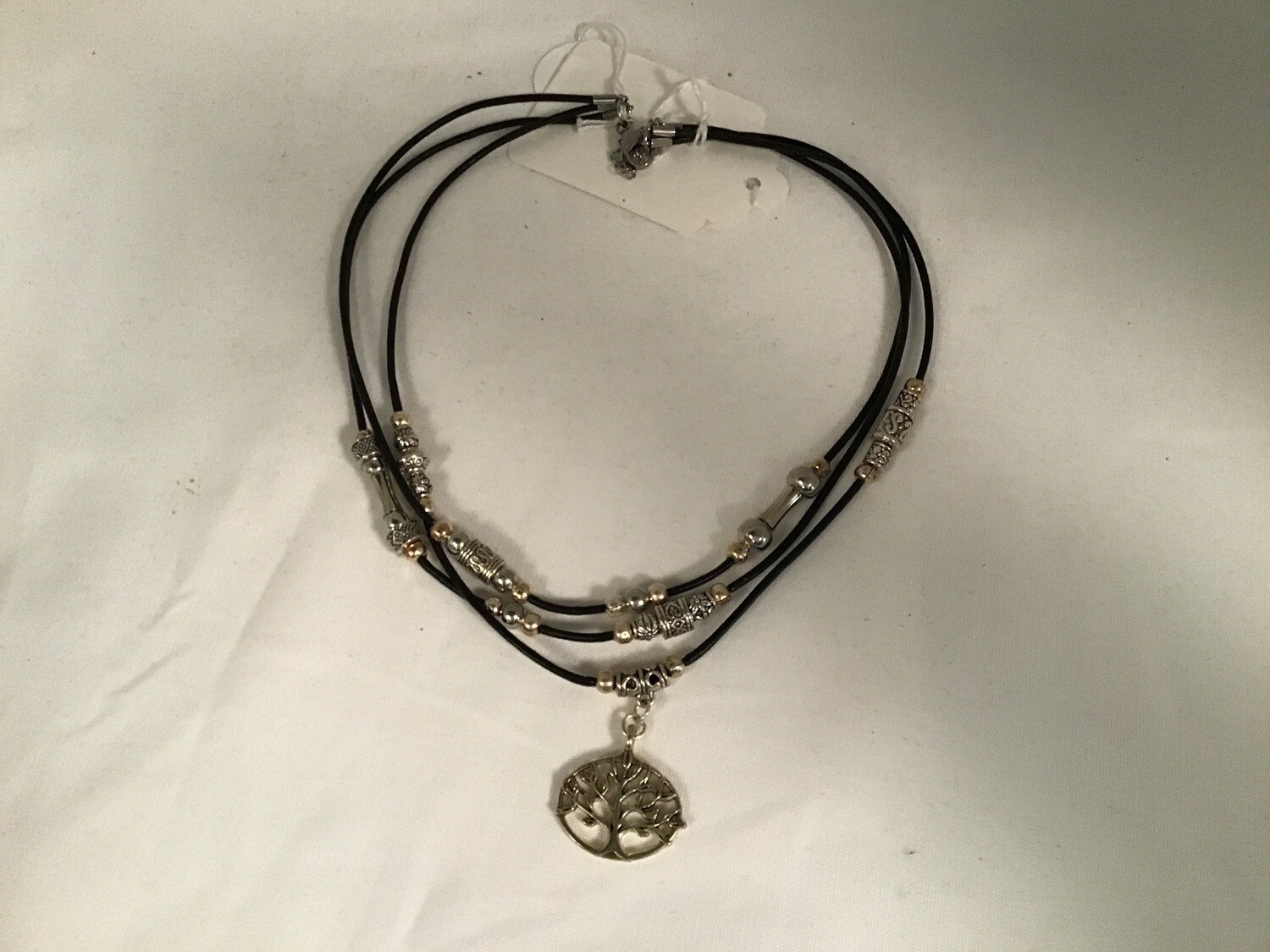 Boho Black Leather Necklace with Tree of Life