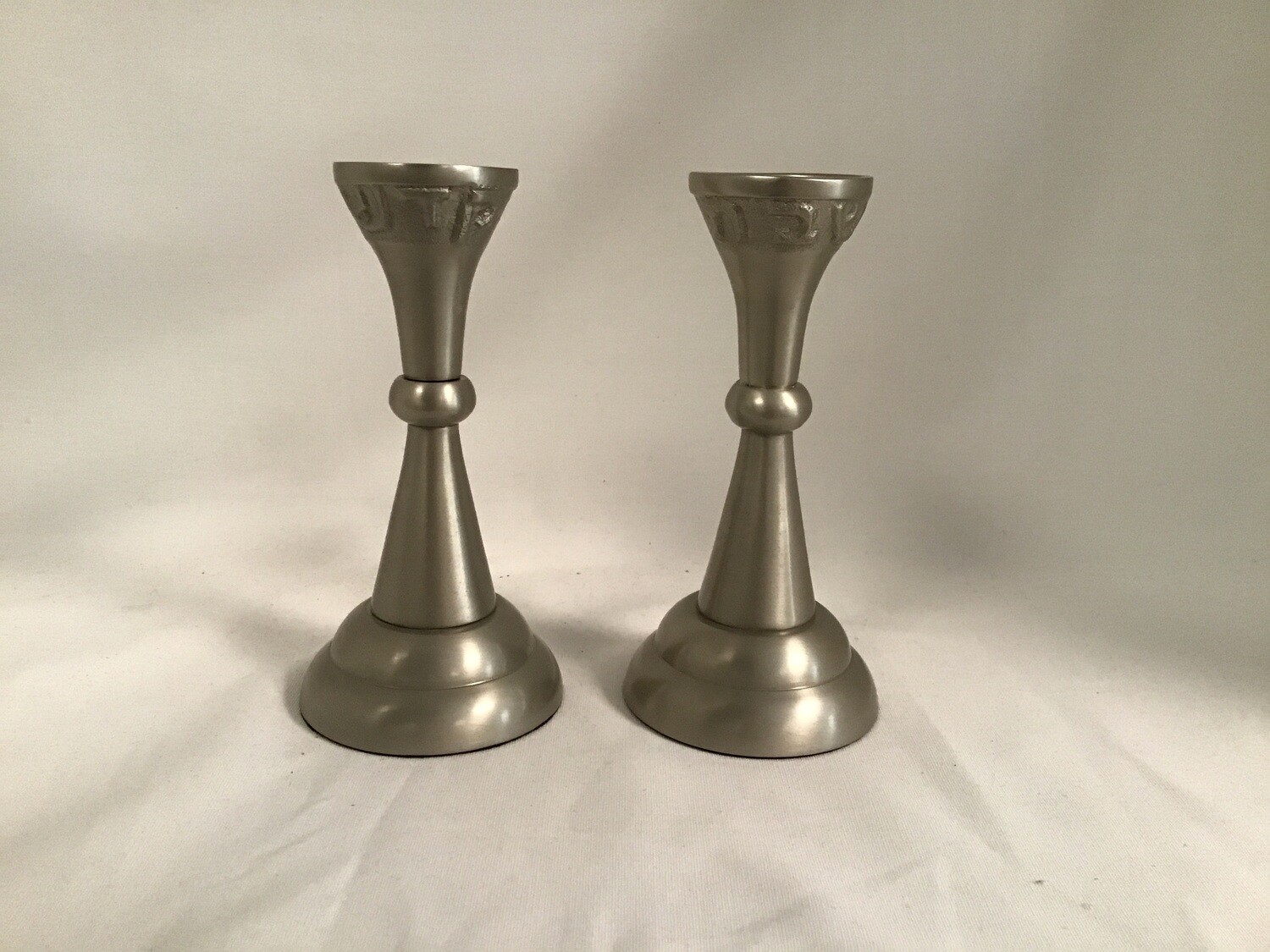 Pewter Candleholders with Shabbat Kiddush on Top