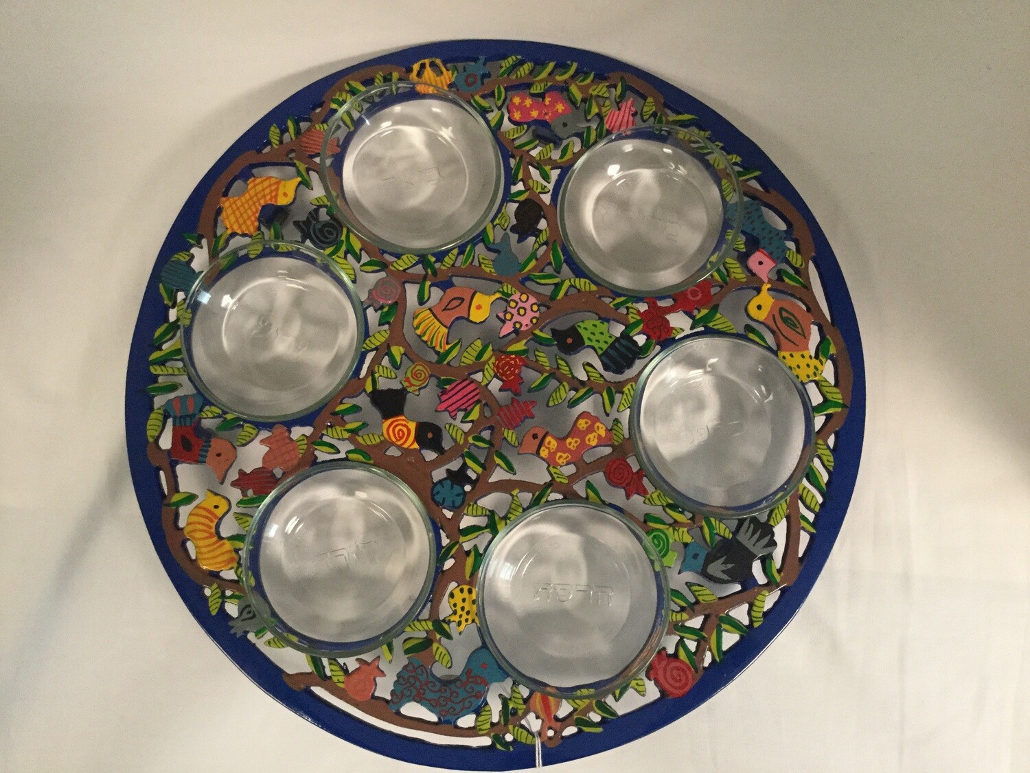 Painted Aluminum Seder Plate; Birds with Glass Bowls