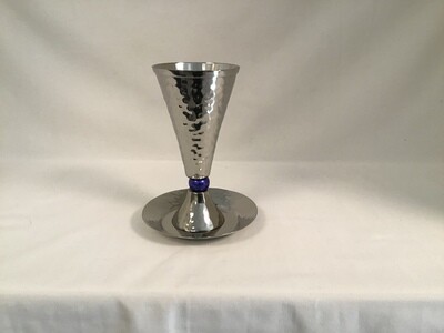 Emanuel Cone Shaped Aluminum  Hammered Kiddush Cup with Tray; Blue Ball at Base