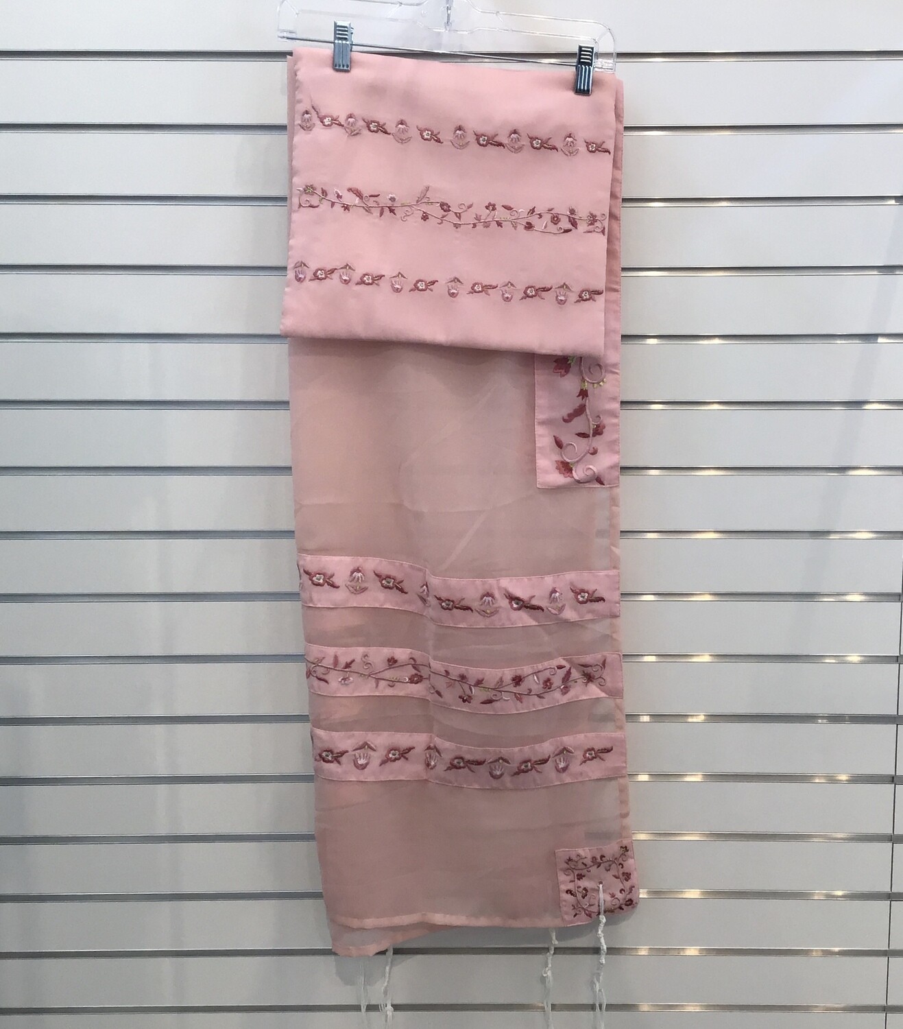 Pink Organza Embroidered Tallit &amp; Bag Stripes &amp; Flowers 