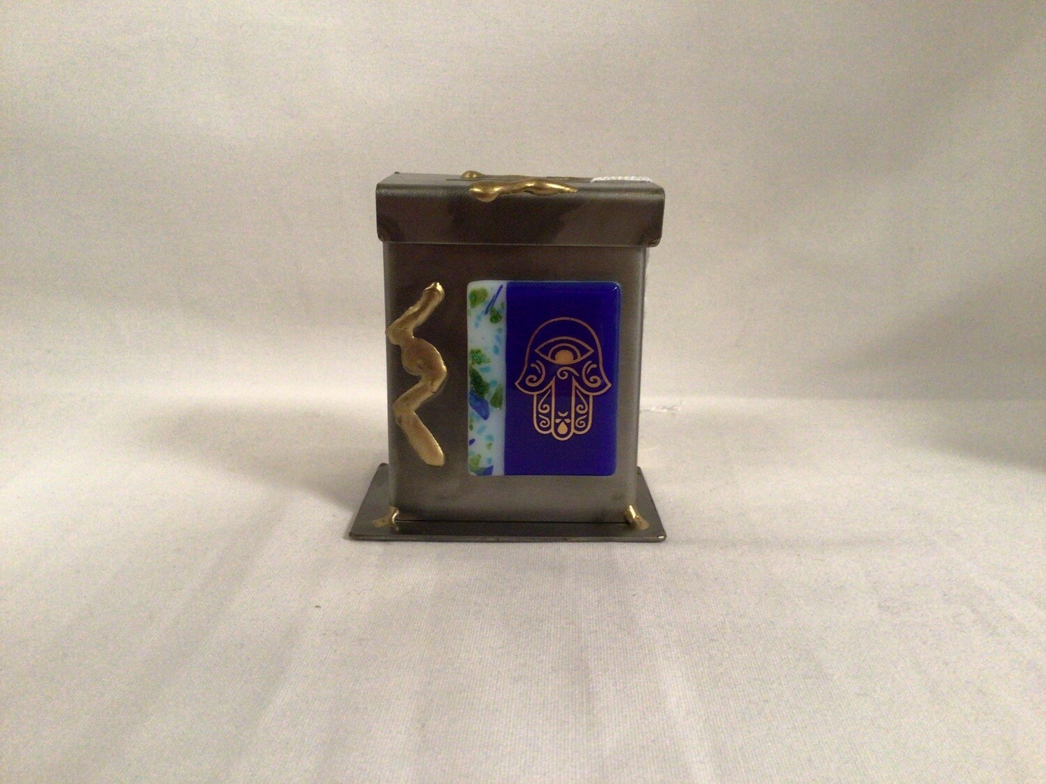 Tzedakah Box with Blue Glass