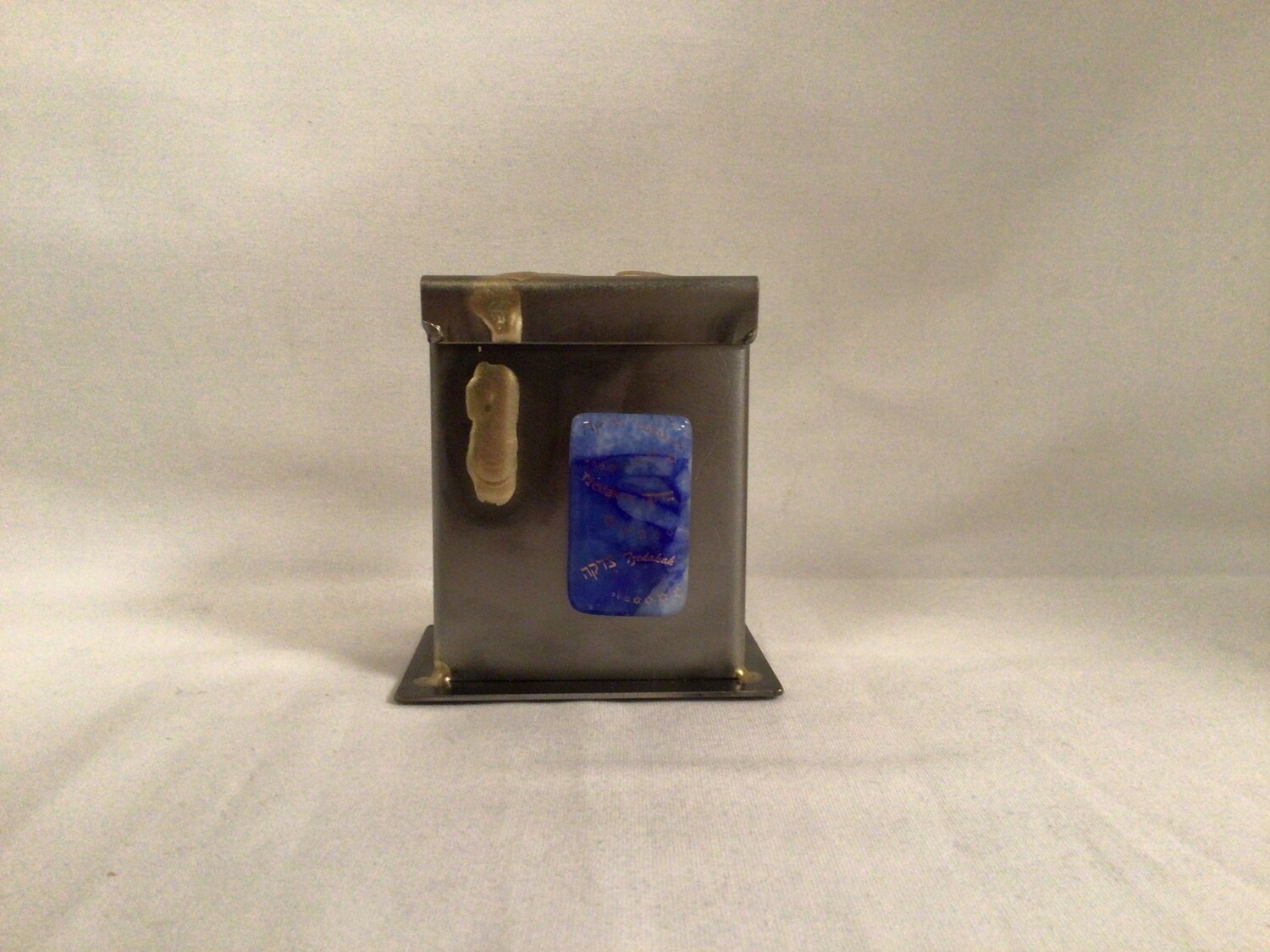 Tzedakah Box with Blue Glass