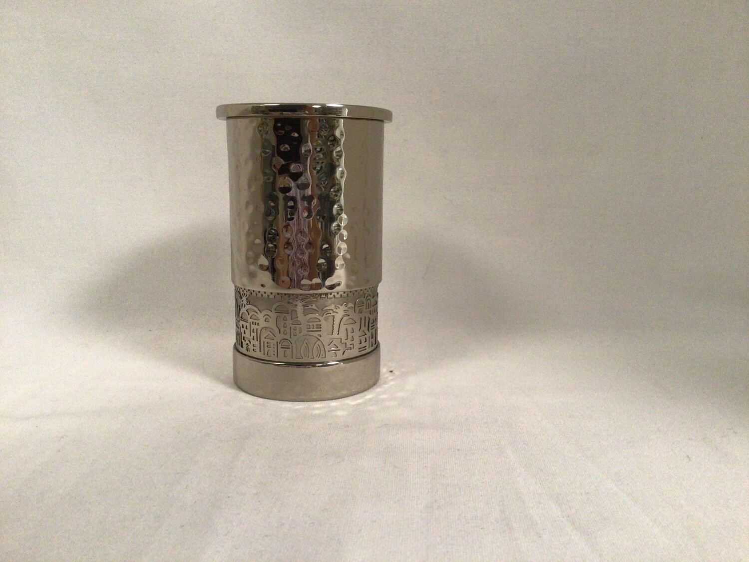 Emanuel Hammered Silver Tzedakah Box with Silver Jerusalem Overlay