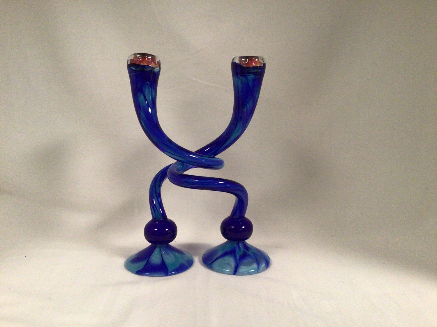 Twisted Blown Glass Candlesticks - Aqua/Cobalt