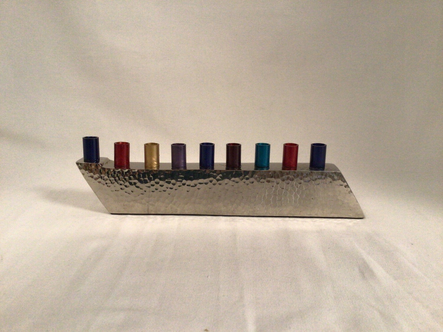 Hammered Parallogram Menorah with Multi Colored Candle Holders