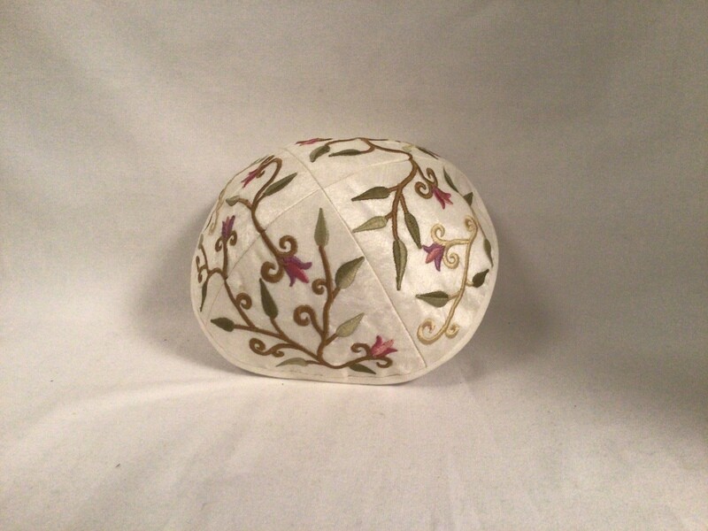 Embroidered Cream Kippah with Pomegranates