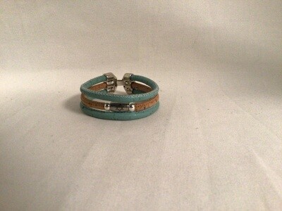 Sky Blue and Natural Triple Round Cork Bracelet with Engraved Star