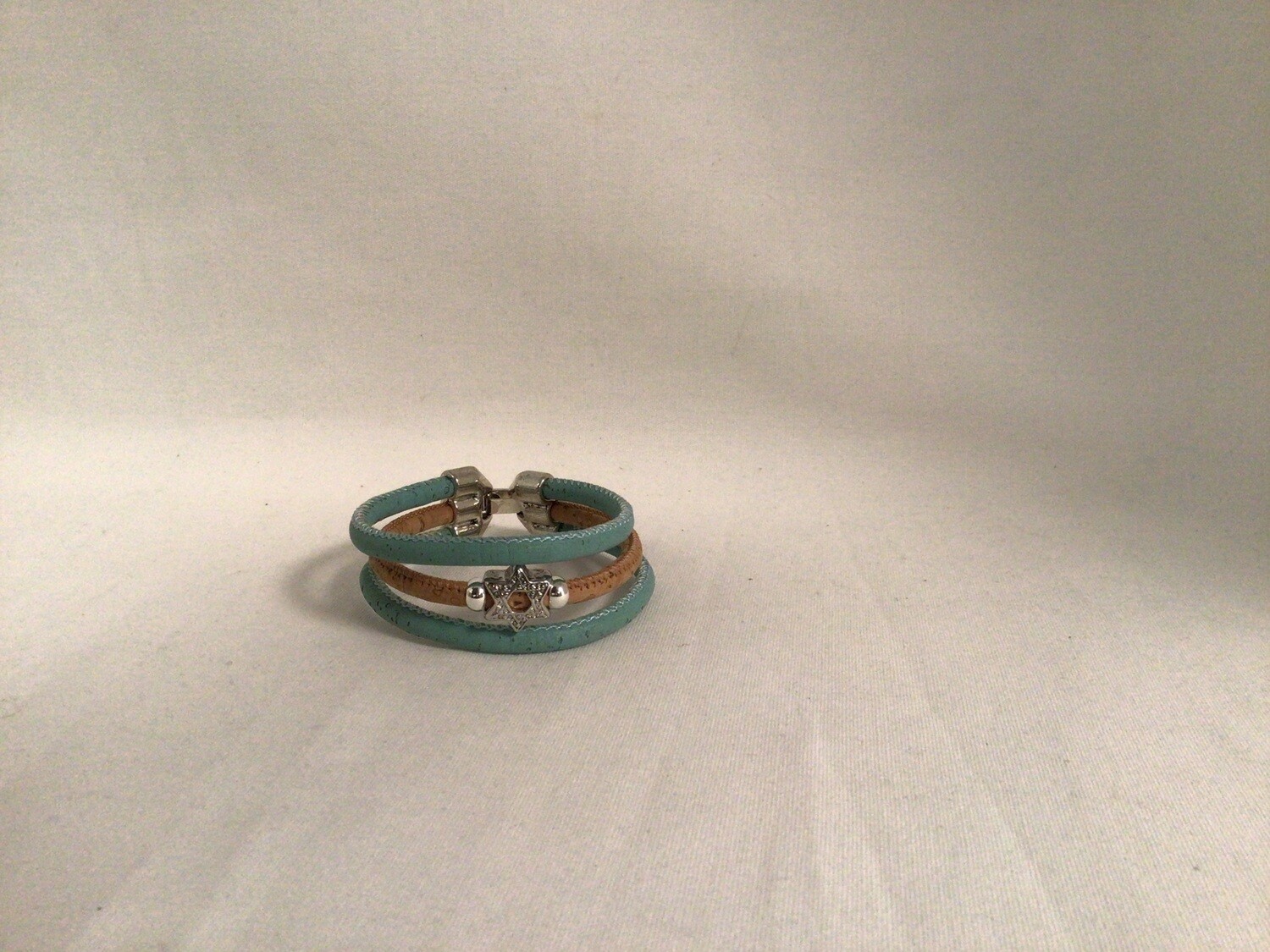 Sky Blue and Natural Triple Round Cork Bracelet with Tribal Star