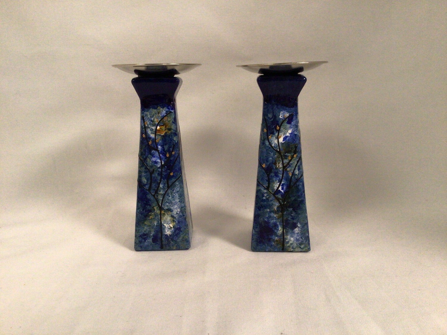 Blue and Amber Tree of Life Candlesticks  - Ocean Breeze