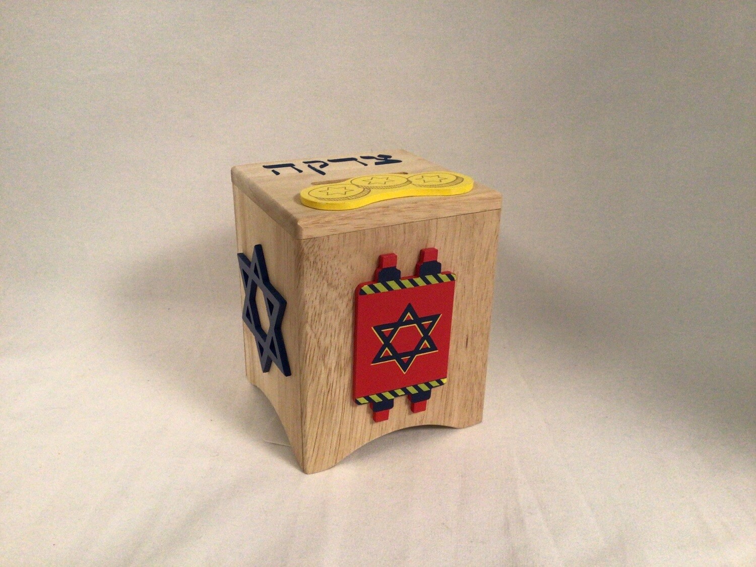 Children&#39;s Wooden Tzedakah Box with Jewish Symbols on Each Side