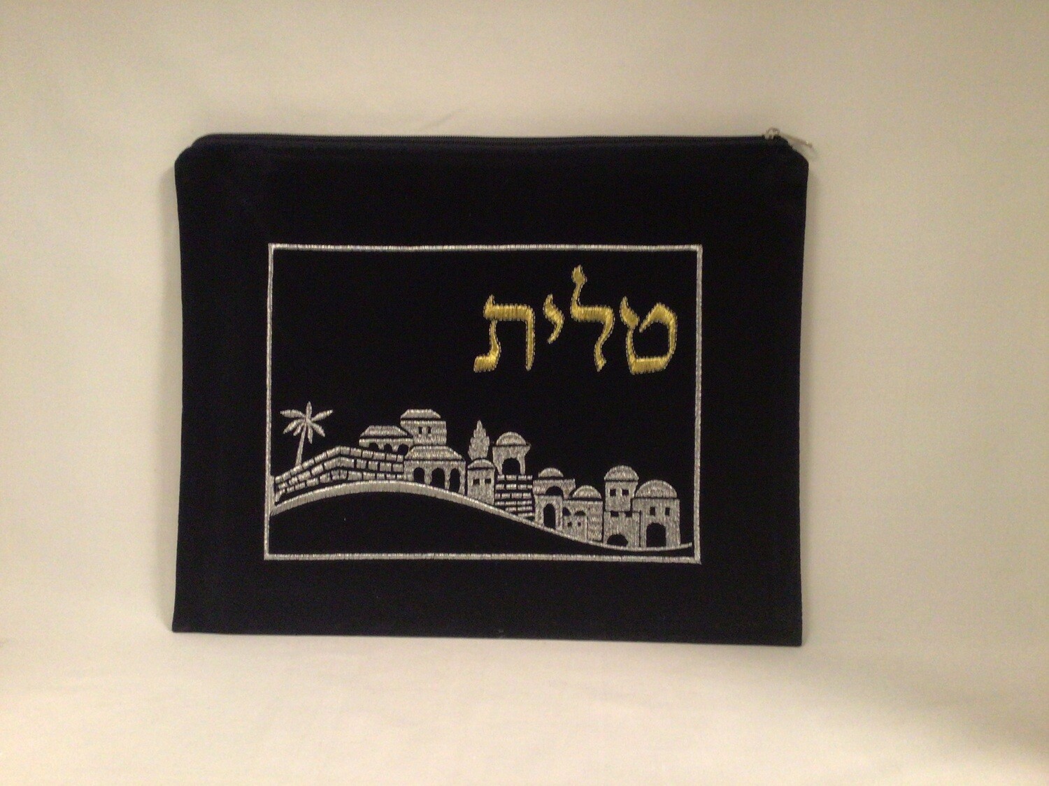 Navy Blue Velvet Tallit Bag with Jerusalem Scene