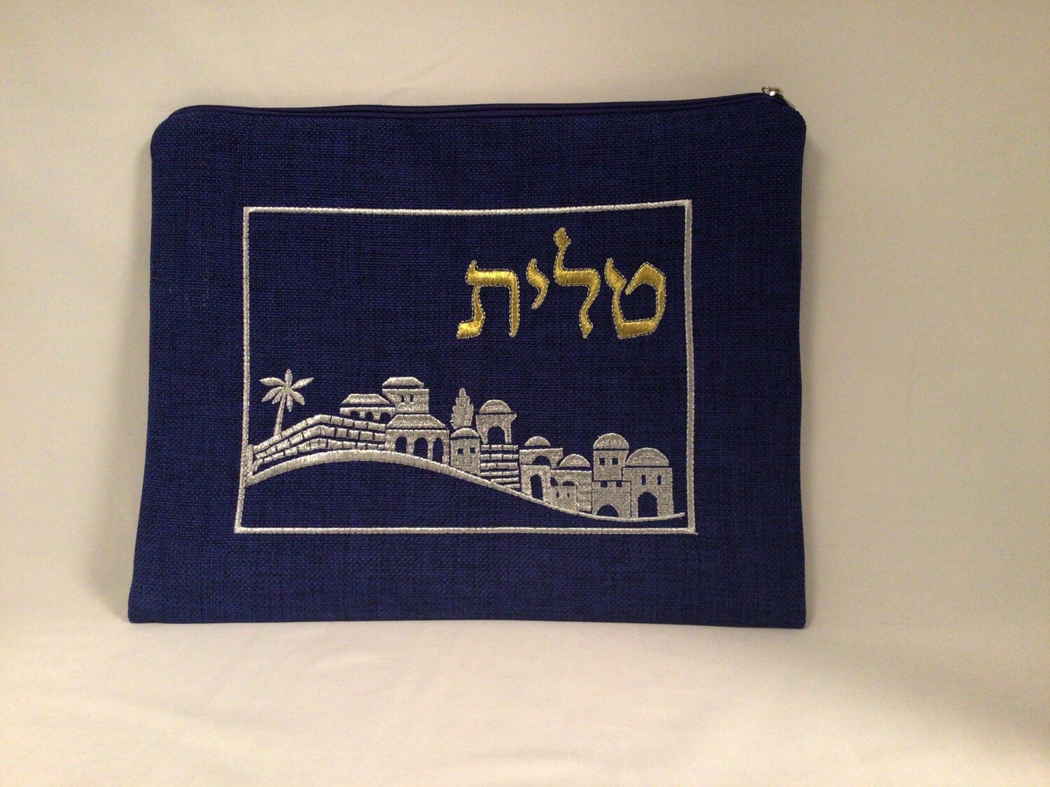  Royal Blue Linen Tallit Bag with Jerusalem Scene