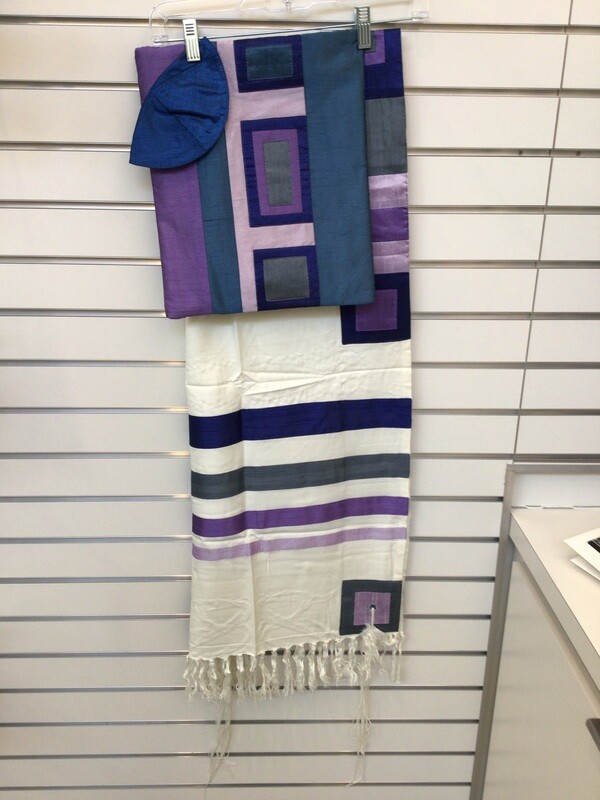 Raw Silk Tallit Set with Lavender, Navy and Grey Stripes 