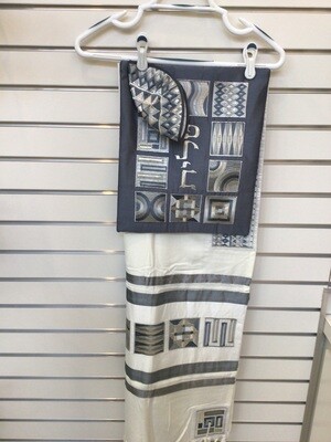 Cream Tallit with Embroidered Silver Geometric Squares, includes Bag and Kippah
