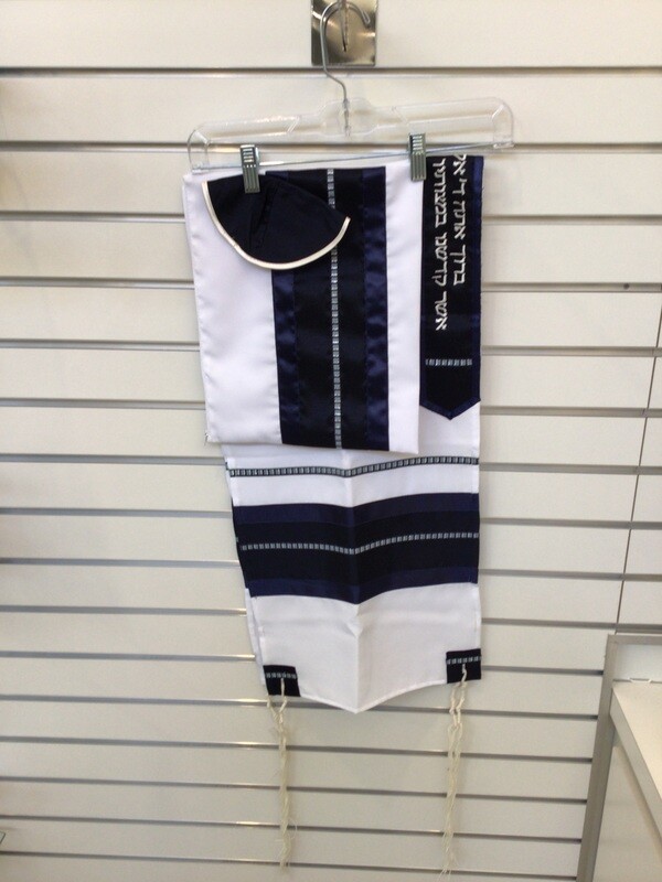 White Tallit Set with Navy Detail 