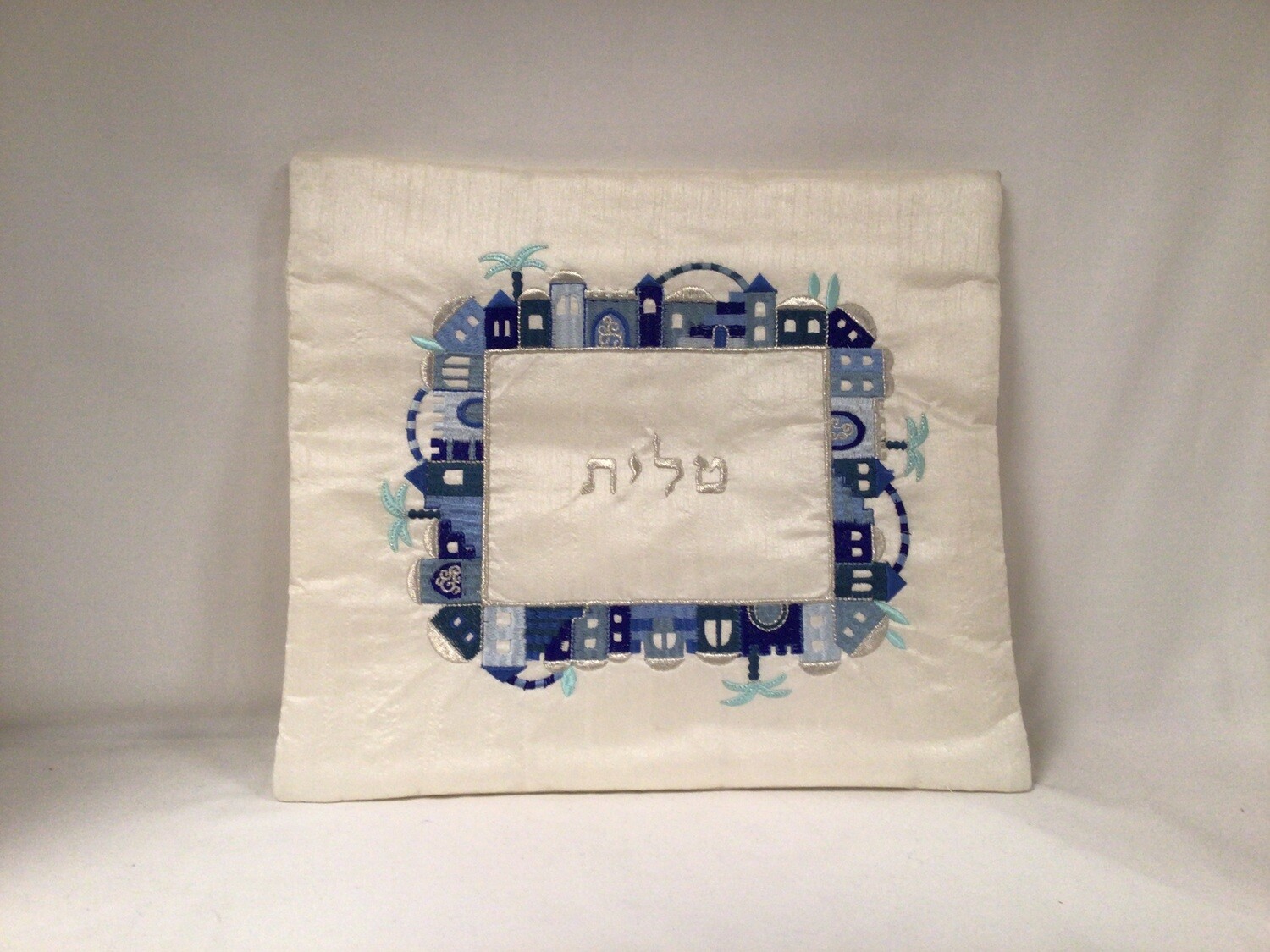 Jerusalem Embroidery Blue on White Tallit Bag