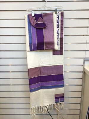 Shades of Purple Stripes with Gold Tallit; Bag and Kippah