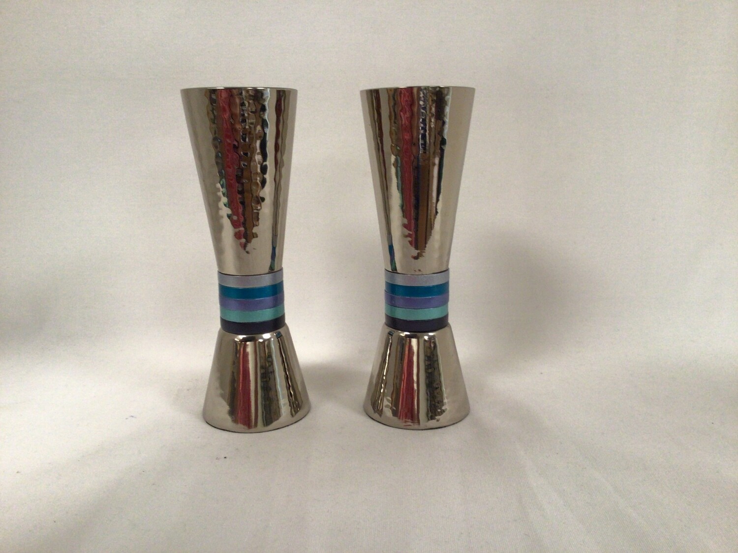 Cone Shaped Hammered Candlesticks with Blue Rings