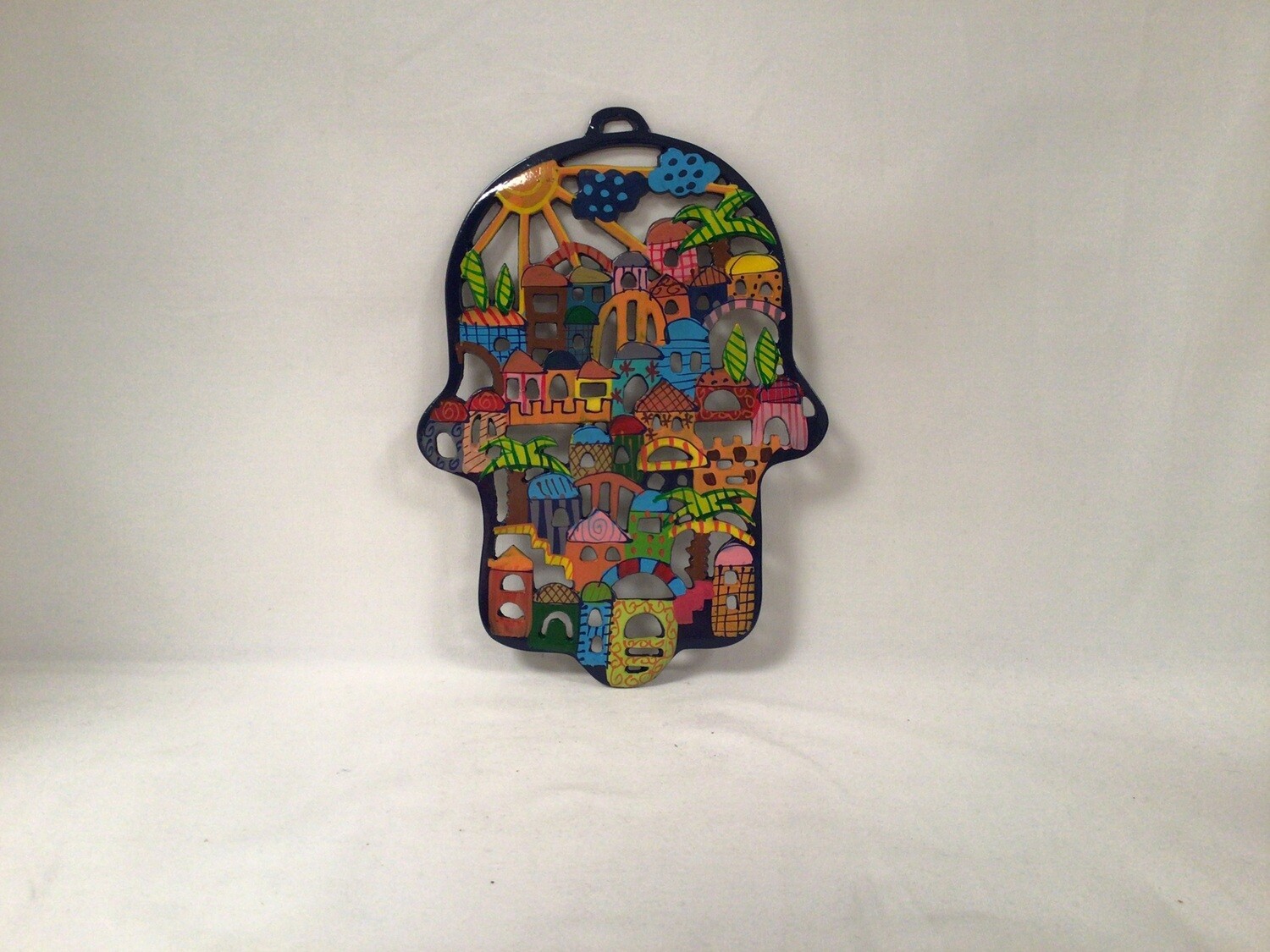 Painted Metal Hanging Hamsa, Laser Cut- Jerusalem