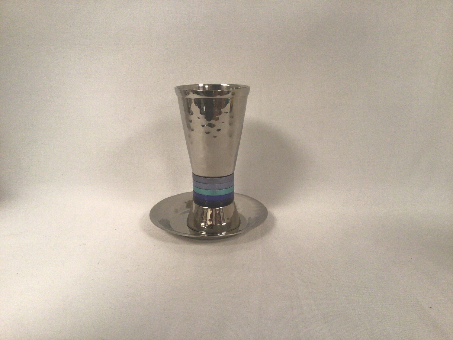 Hammered Cone Shape Kiddush Cup with Blue Rings