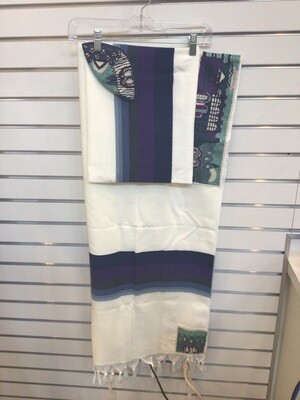 Blue and Purple Stripes with Jerusalem Embroidery Wool Tallit Set