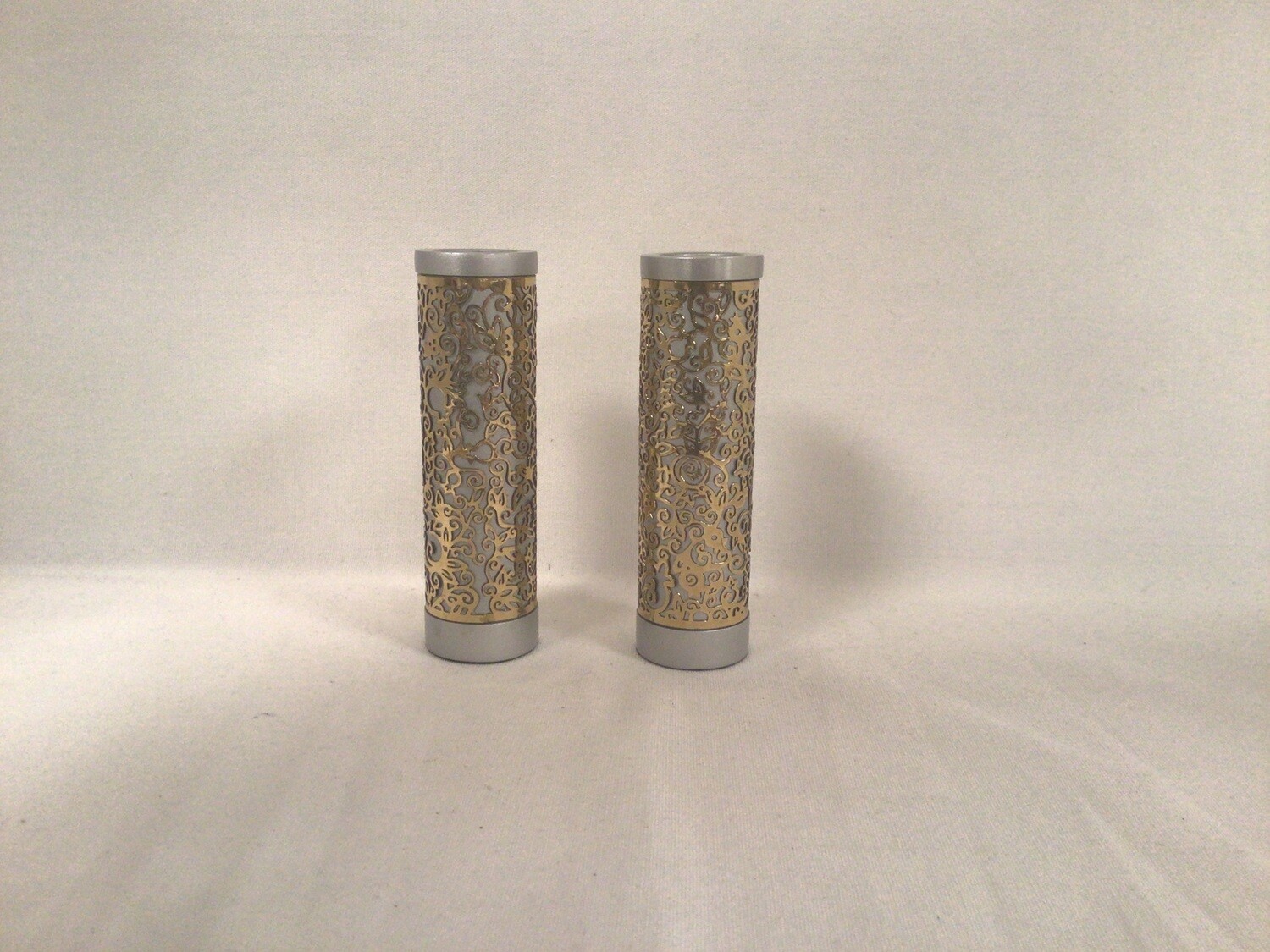 Round Candlesticks with Metal Pomegrante Cutout