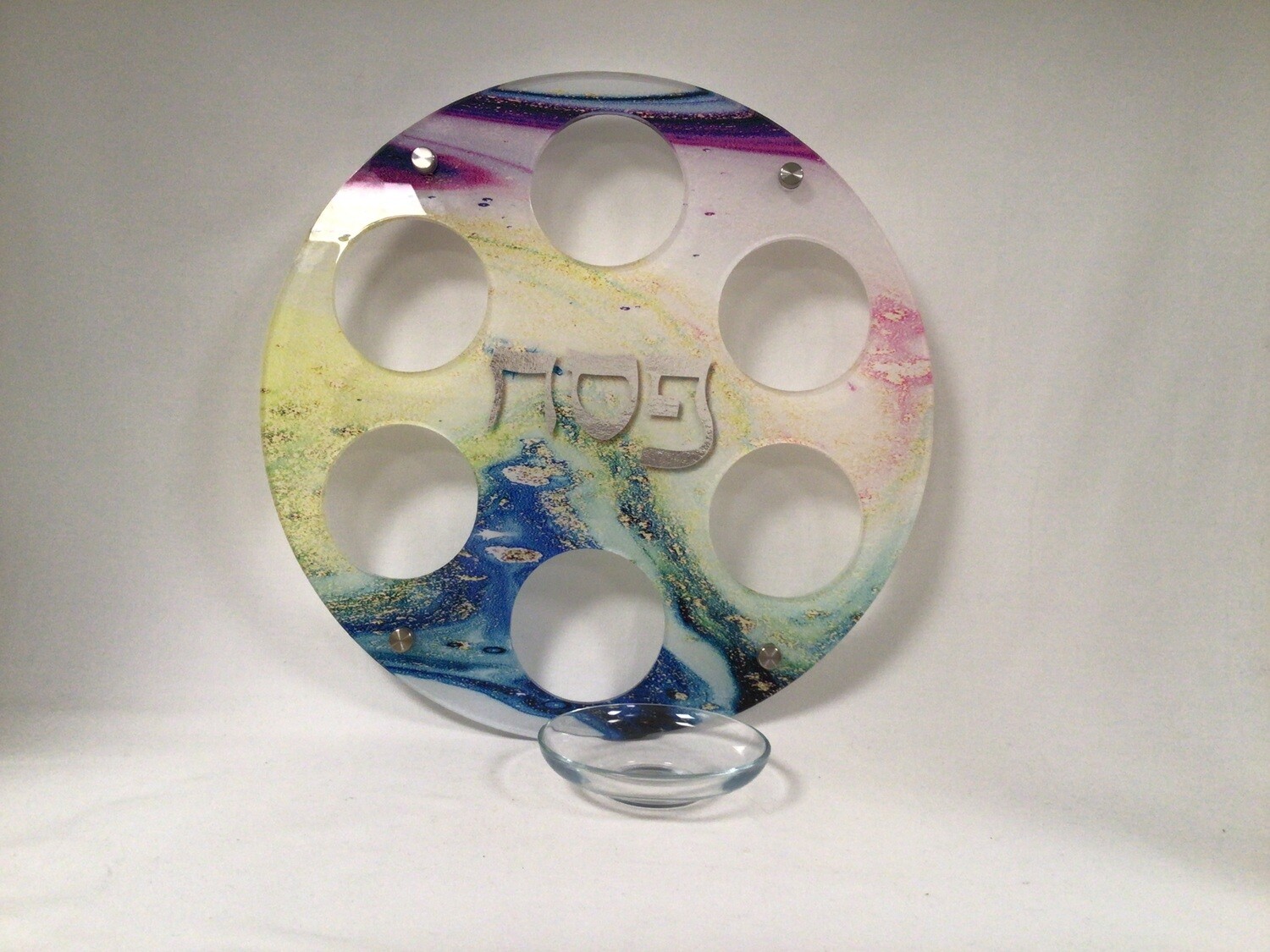 Acrylic Seder Plate with Rainbow Colors and 6 Glass Bowls