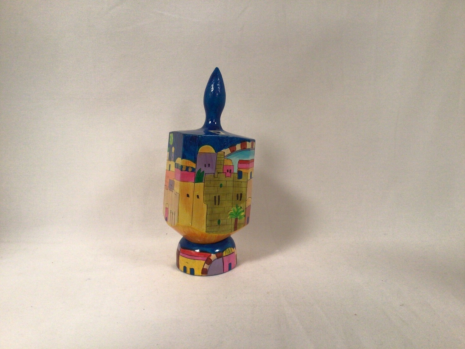 City  of Jerusalem Hand Painted Wood Dreidel on Stand- Extra Large