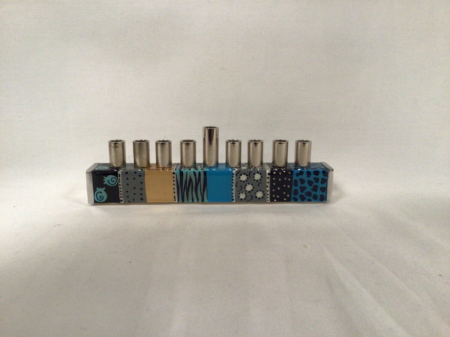 Enamel  Painted  Aluminum Menorah in Blue Gold and Silver