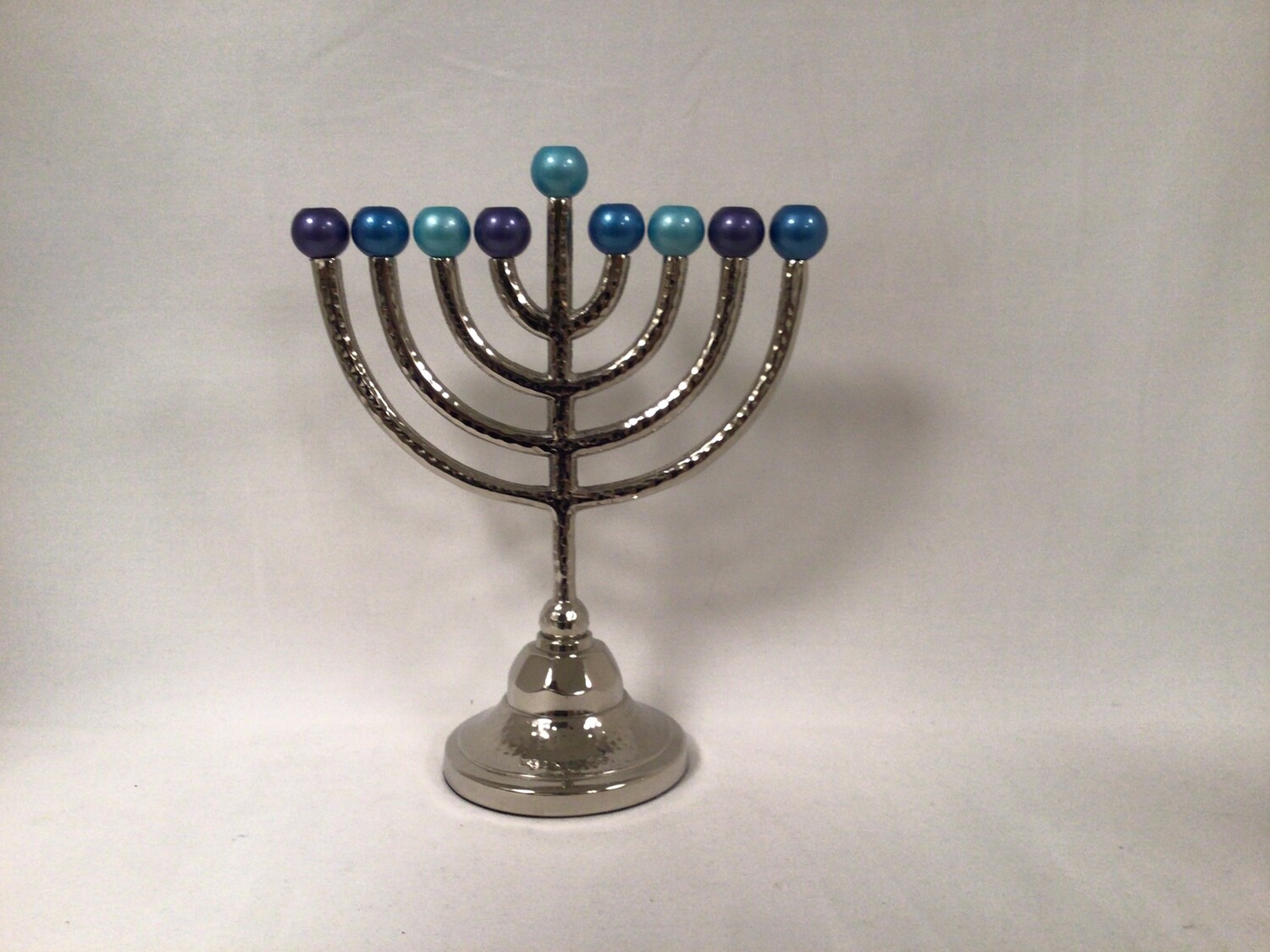 Classic Hammered Menorah with Shades of  Blue Candleholders