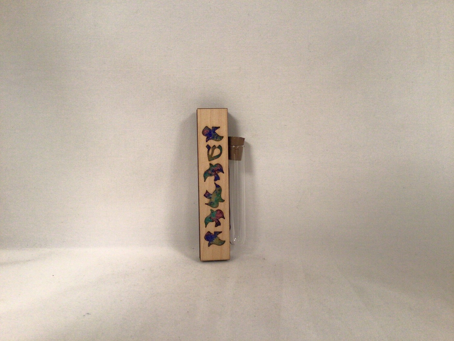 Lasercut  Wood Wedding Mezuzah with  Glass Doves and Shards Holder