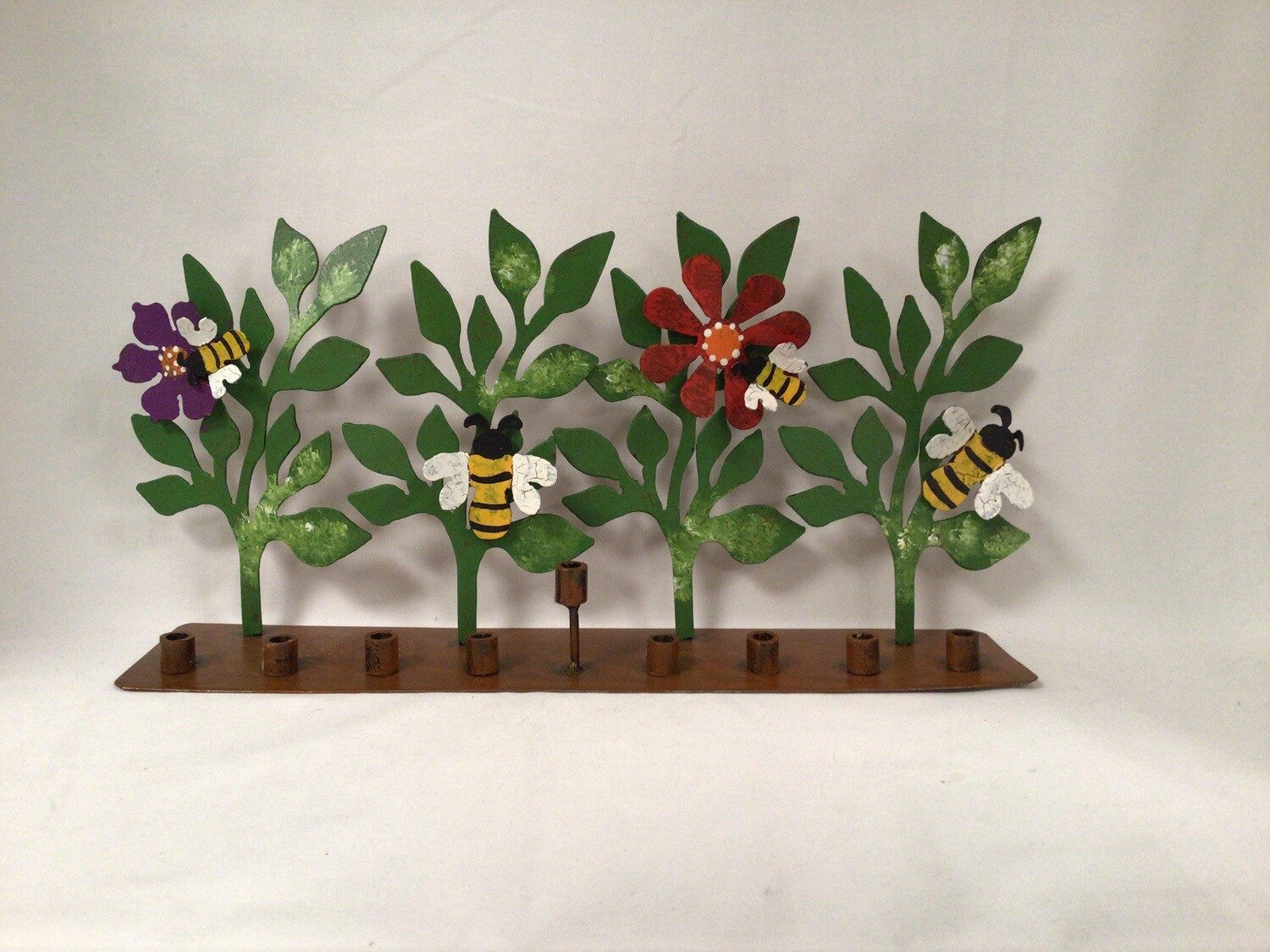 Handcrafted Metal Menorah Bees &amp; Flowers