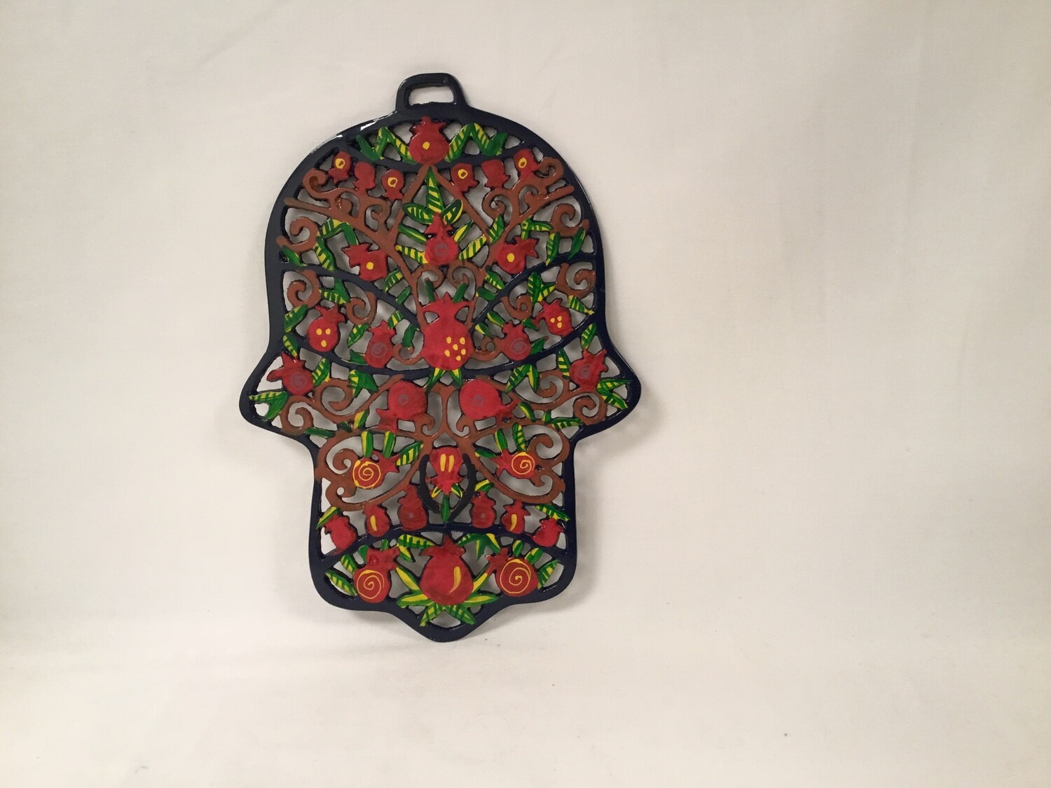 Painted Metal Hanging Hamsa, Laser Cut- Pomegranate