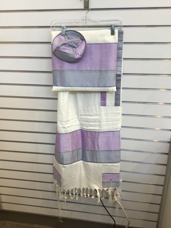 Purple &amp; Grey Striped  Embroidery Viscose Tallit Set