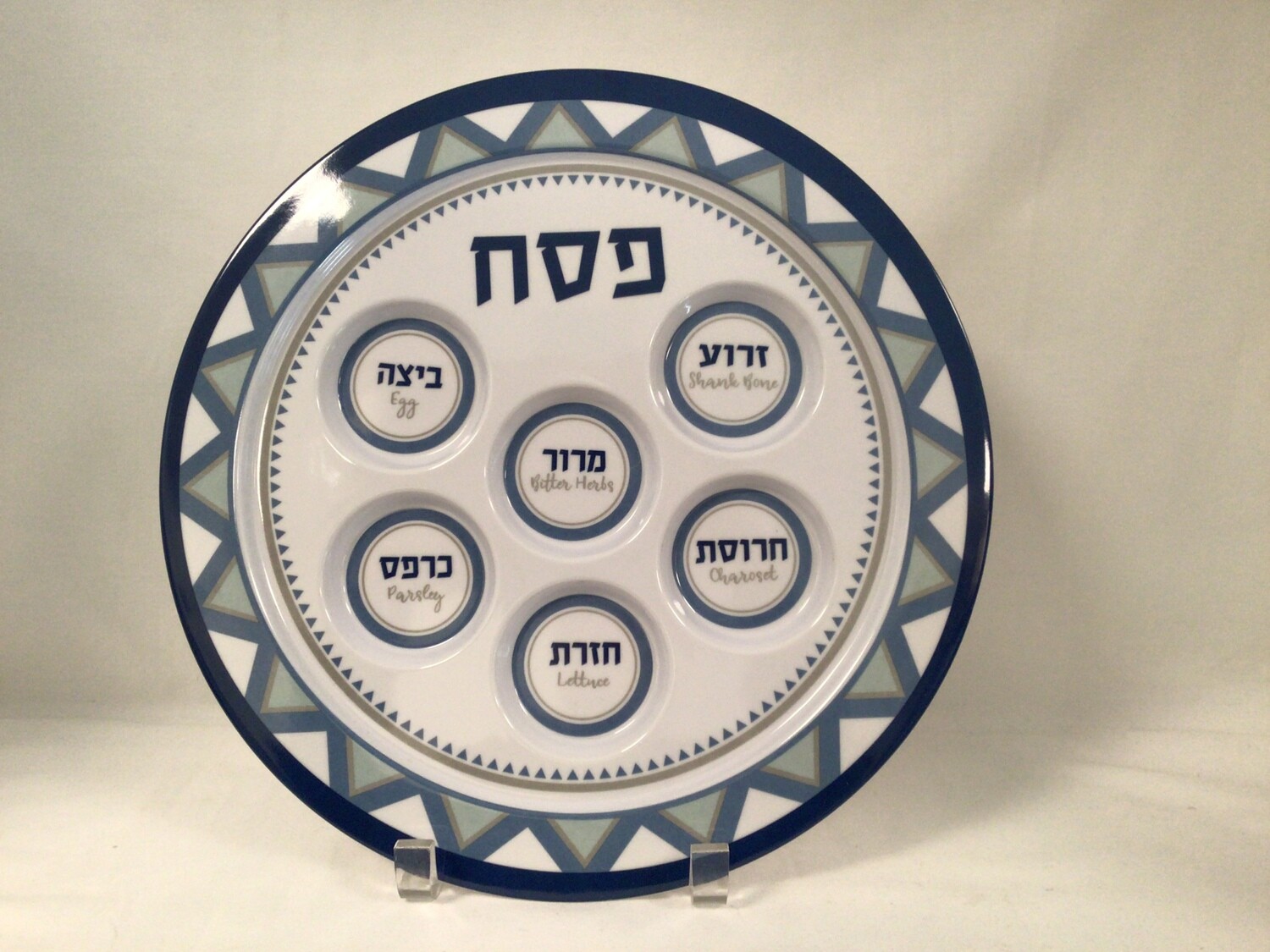 White with Blue Border Melamine Seder Plate