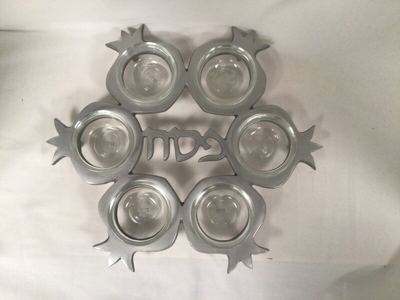 Silver Painted  Pomegranate Seder Plate with Glass Liners