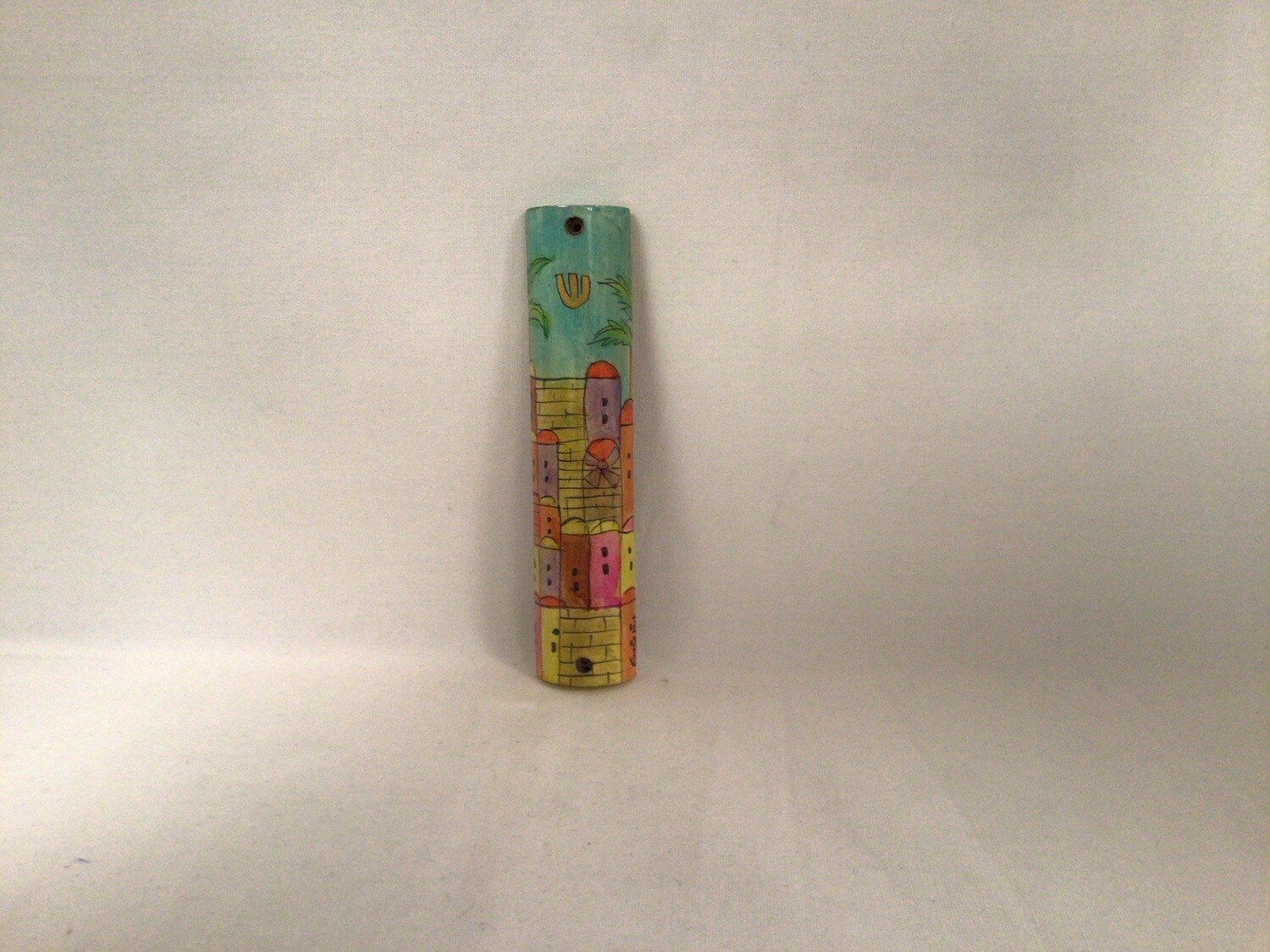 Painted Round Wooden Mezuzah - Jerusalem scene